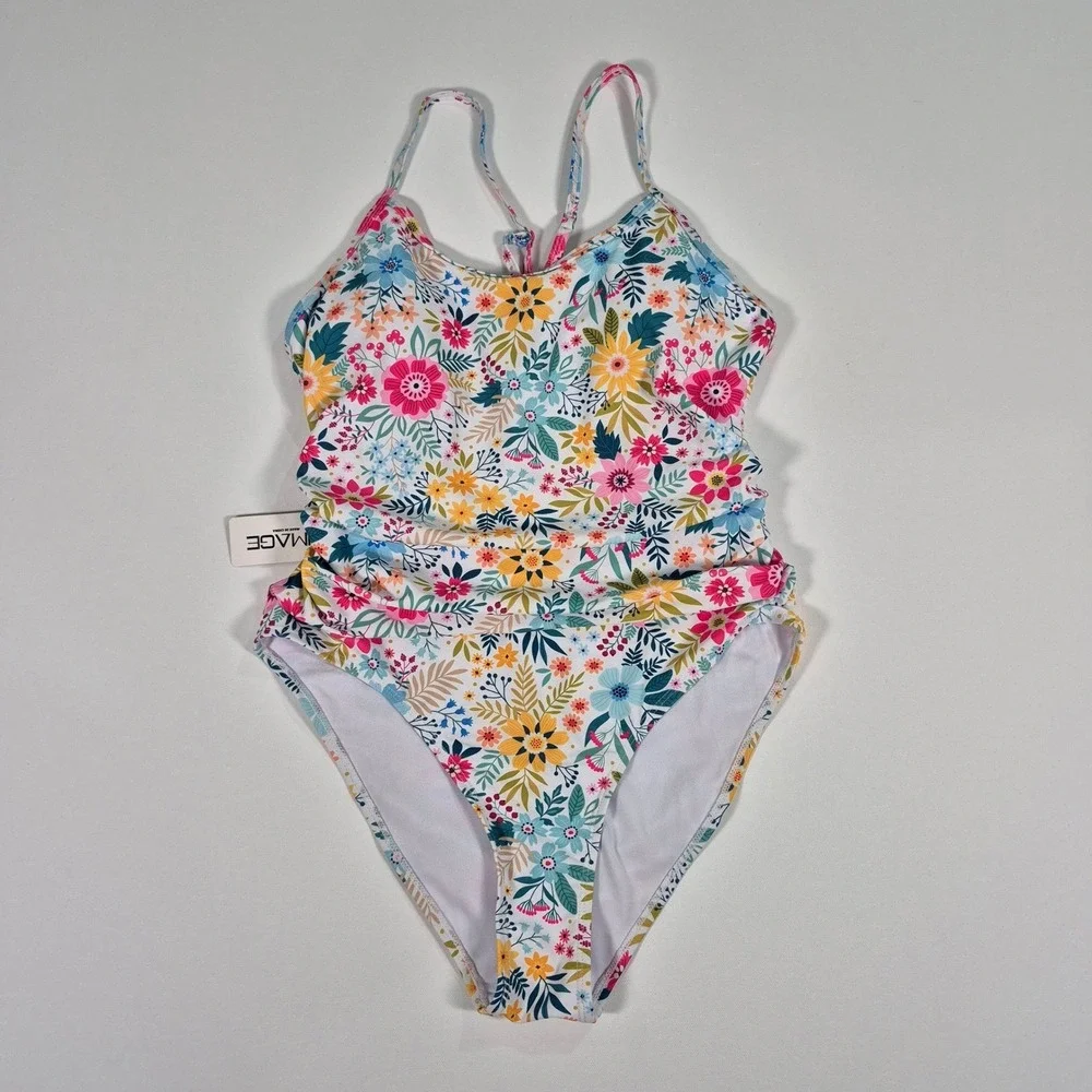 Aimage Floral One Piece Swimsuit Ruched Cutout Back Multicolor‎ NWT Size Medium